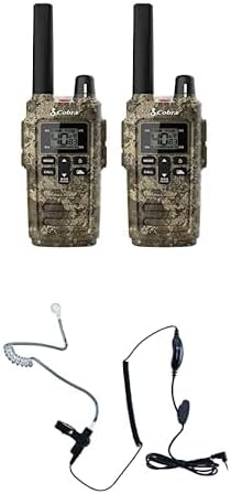 Cobra RX380TTC 2-Pack Walkie Talkies & Compatible Cobra GA-SV01 2P Surveillance Headset Microphones: Rechargeable, 40 Preset Channels, Long Range 32-Mile Two-Way Radio Set, Camo