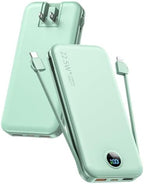 Portable Power Bank, 12000mAh 22.5W Phone Charger with Built-in Cables and Wall Plug, USB C Fast Charging Battery Bank with Smart LED Display, External Battery Pack for iPhone, iPad, Samsung etc Green