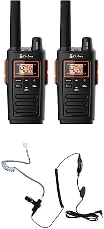 Cobra RX380 2-Pack Walkie Talkies & Compatible Cobra GA-SV01 2P Surveillance Headset Microphones: Rechargeable, 40 Preset Channels, Long Range 32-Mile Two-Way Radio Set, Black
