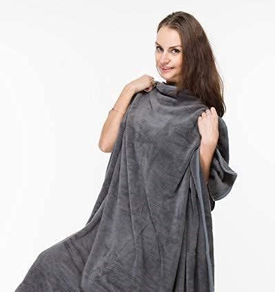 BlueHills Premium Soft Travel Blanket Pillow Value Pack Set of 2 - Airplane Flight Blanket Throw in Soft Bag with Luggage Belt Compact Pack Large Blanket for Travel Gray and Light Pink Colors