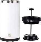 Steel Toe 3.0 Travel Coffee Press - Brew 20 fl.oz On The Go - No Spill Lid, Double Wall Vacuum Insulated Stays Hot for Hours, French Press Coffee (Snowflake White)