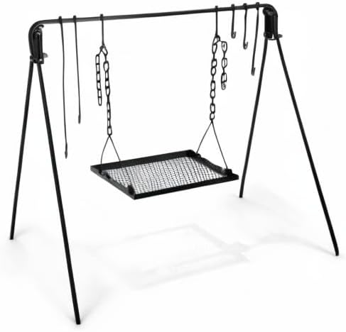 Bruntmor Grill Swing Campfire Cooking Stand BBQ Grill for Cookware & Dutch Oven Adjustable Collapsible Legs with Hooks & Accessories & Carrying Case Black