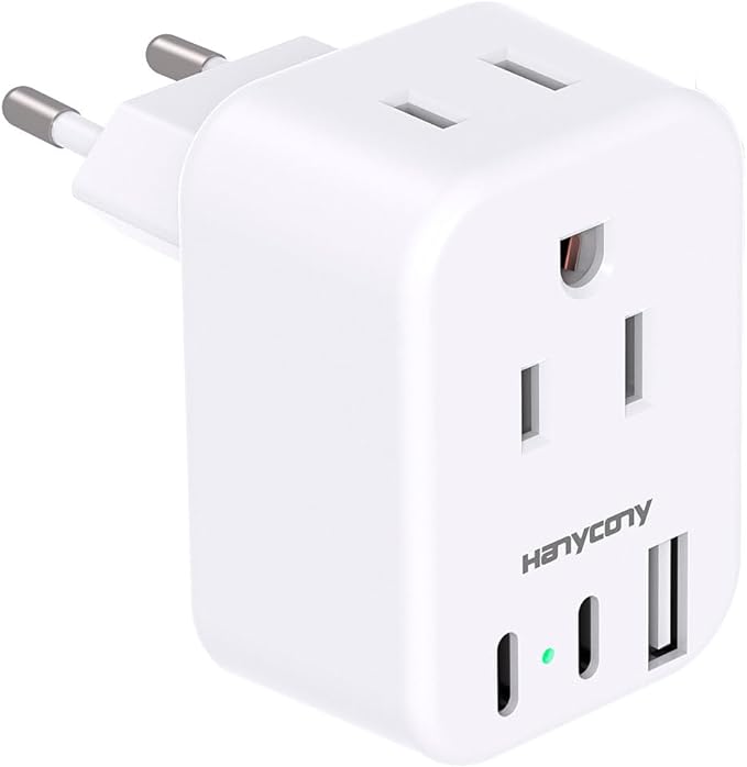 European Travel Plug Adapter USB C, HANYCONY International Plug Adapter, US to Europe Adapter Plug 2 Outlets 3 USB Ports(2 C Port), Type C Power Adapter to Italy Spain France Portugal Iceland Germany