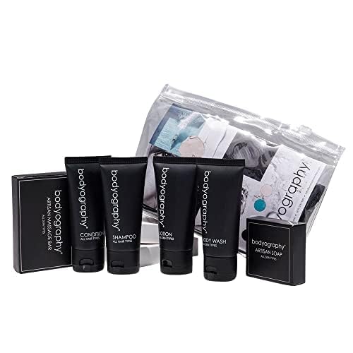 World Amenities - Bodyography Toiletry Kit - 6 Piece Set Shampoo, Conditioner, Body Wash, Lotion, Hand Soap, Massage Bar, Clear Travel Bag