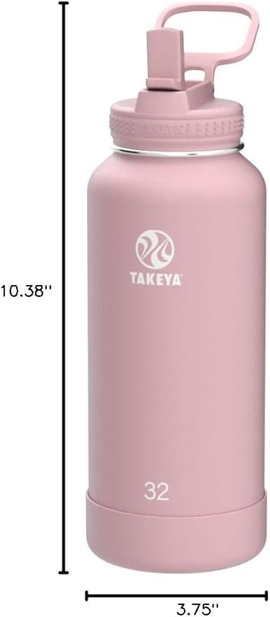 Takeya Actives 32 oz Water Bottle with Straw Lid - Double Wall Stainless Steel Insulation - Dishwasher Safe & BPA-Free - Removable Bumper - Blush