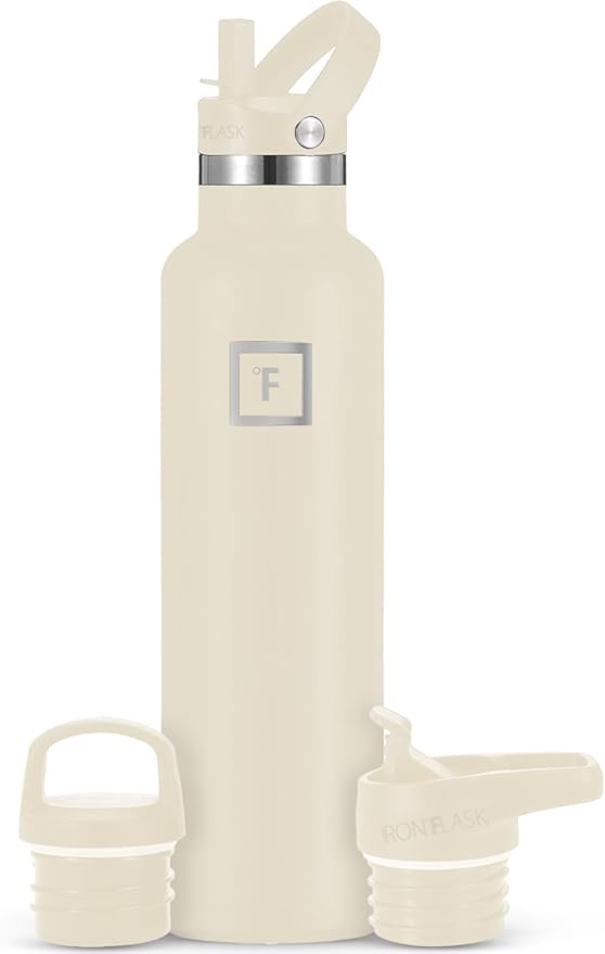 IRON °FLASK Camping & Hiking Hydration Canteens - 3 Lids (Narrow Straw Lid) Leak Proof Vacuum Insulated Stainless Steel - Hot & Cold Double Walled Sports Water Bottle - Cashmere Cream, 24 Oz