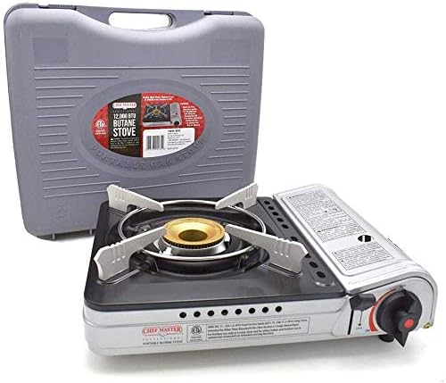 12,000 BTU Portable Butane Camping Stove with 4 x 8oz. Butane Fuel Canister Combo, Double Wind-Guard Portable Stove w/Carry Case for Road Trips, Camping, Tailgating & Emergencies by Chef Master 90235