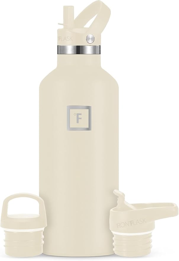 IRON °FLASK Camping & Hiking Hydration Canteens - 3 Lids (Narrow Straw Lid) Leak Proof Vacuum Insulated Stainless Steel - Hot & Cold Double Walled Sports Water Bottle - Cashmere Cream, 32 Oz