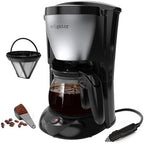 Portable Coffee Maker for Travel Camping Car, Ground Coffee Machine Single Serve with 5 Cup Glass Carafe for Traveling, RV, Office, Home and Dorm, 12V, Sliver Black