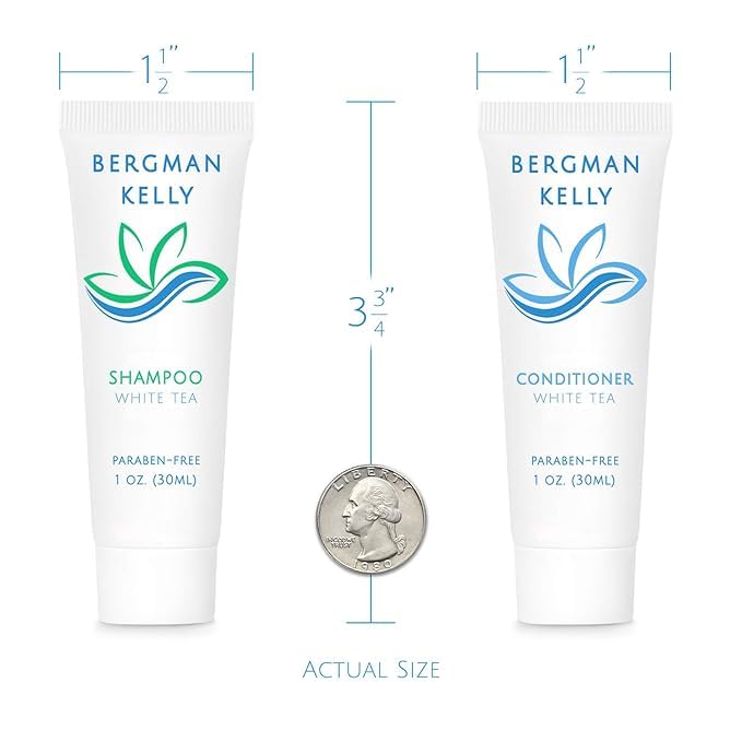 Bergman Kelly - Hotel Toiletries Bundle - White Tea, 1 oz each, 125 Pieces - 5-Piece Set: 25 each Round Bar Soap, Shampoo, Conditioner, Body Lotion & Body Wash - Bulk Mini Guest Amenities