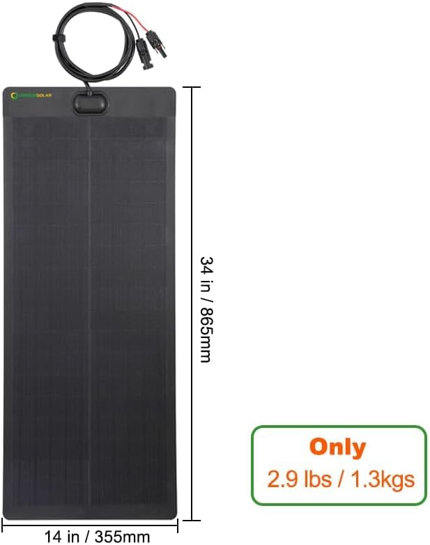 LensunSolar 50W Full Black Flexible Solar Panel, 34x14in, Waterproof Lightweight with Highest Efficiency PERC Mono Solar Cells for RV,Van,Tent