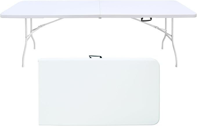 8 FT Folding Table with Carry Handle, Portable Fold-in-Half Plastic Table, Rectangle Foldable Table for Indoor/Outdoor White
