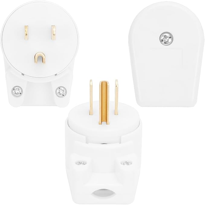 (3PACK) ETL Listed 90 Degree USA Canada Male Plug Nema 5-15P 3 Pole Angle DIY Plug, 15A 125V USA 3Pin Right Angle AC Plug, Nema 5-15P Angled Rewireable AC Plug White