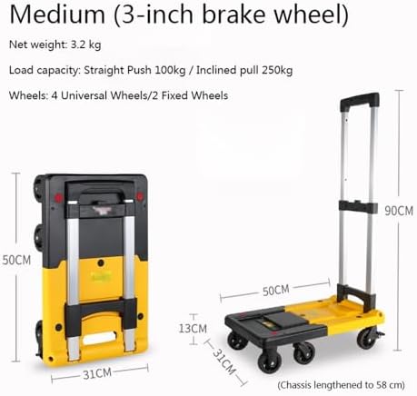 Portable Folding Flatbed Hand Truck Yellow Medium Cargo Trolley for Luggage Courier & Household Use Compact Lightweight Platform Cart for Easy Transport