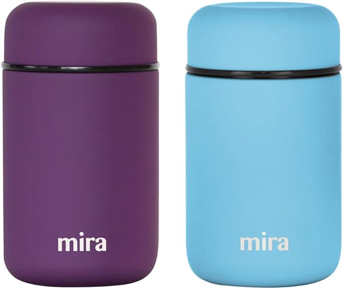 MIRA 2 Pack Insulated Food Jar thermo for Hot Food & Soup, Compact Stainless Steel Vacuum Lunch Container, 13.5 oz, Purple, Pearl Blue