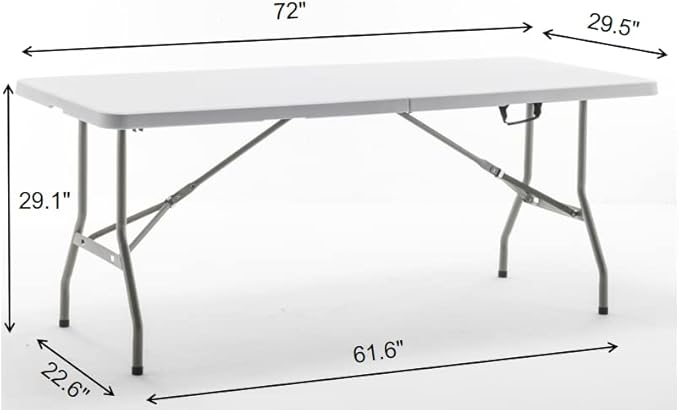 BTEXPERT Set of 2, Fold-in-Half Folding Utility Table 6 Feet 72"x 29.5" Lightweight Portable Carrying Handle Indoor Outdoor Picnic Camping Office Home Party Wedding Event Easy Clean Store Care White