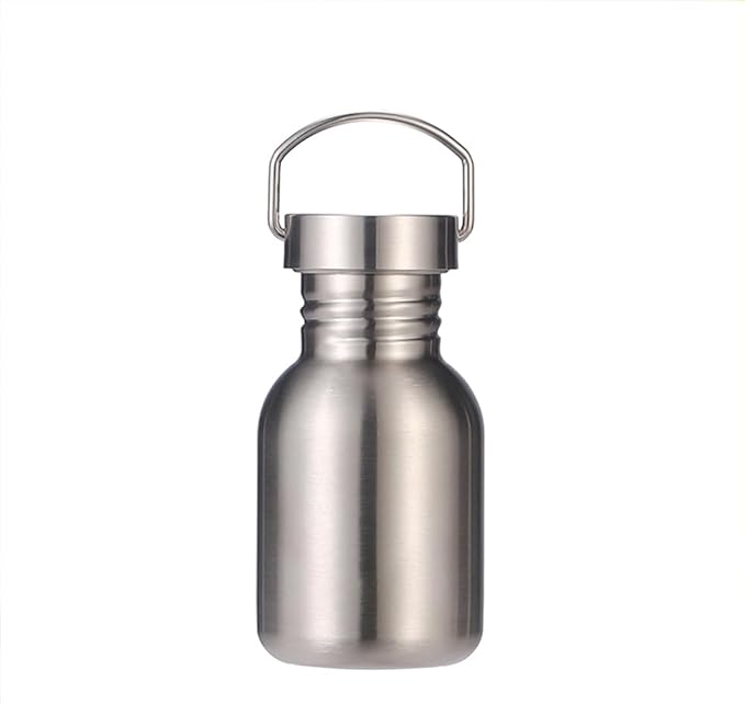 Stainless Steel Single Wall Water Bottle Large Camping Water Bottle with Handle Wide Mouth Leak Proof Lightweight Sports Kettle Cup (12 oz)