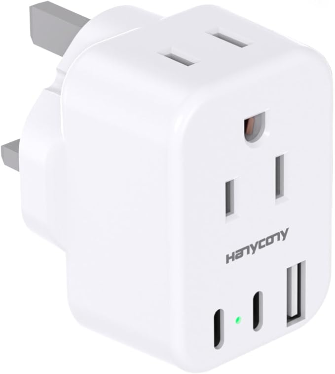 HANYCONY US to UK Ireland Travel Plug Adapter, Type G Travel Adapter 2 Outlets 3 USB Ports(2USB C), UK Power Adapter Converter for USA to Dubai England London Scotland British Kenya Irish Hongkong