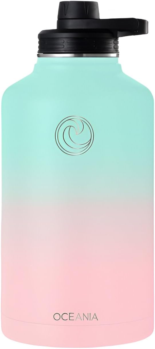 Oceania Flask 64oz Stainless Steel Water Bottle | Modern, Leakproof, Hydro BPA-Free, Insulated Water Bottle with 3 Lids, 3 Straws & 2 Straw Cleaning Brushes | Simple Camping & Hiking Water Bottles