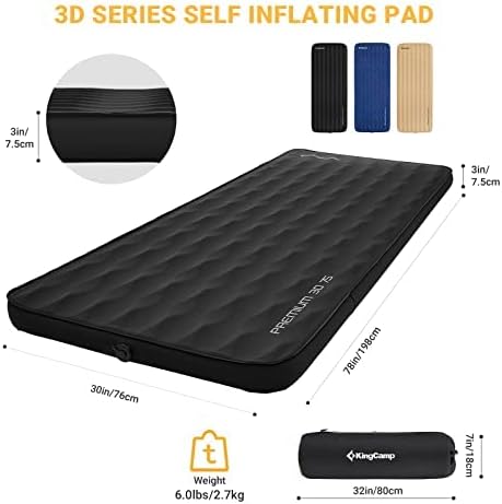 KingCamp Self Inflating Sleeping Pad, R 7.9 Air & Foam Sleeping Pad for Camping, 3" Thick Single Camping Mattress with 3D Sidewalls & Wave Surface Cut for Outdoor Tent Cot Car, PVC Free (Black)