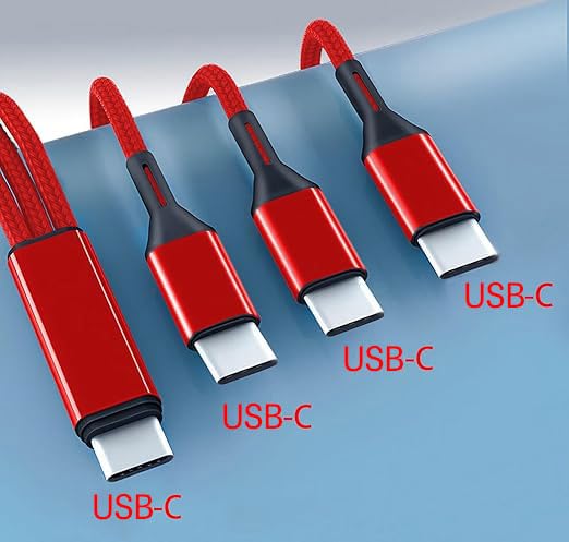 Multi USB C Cable 4FT 2Pack, 3 in 1 Multiple Type C Charging,3A Splitter USB-C Charging, Red Nylon Cord,USB C to 3 USB C Port, Compatible with iPhone 15,iPad Pro,Samsung S24,Google,Android,Kindle fire