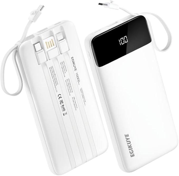Power Bank 10000mAh Portable Charger with 4 Built-in Cables, Type-C in & Out Phone Charger, External Battery Charger Pack & Travel Essential for iPhone 16/15/14, Samsung, iPad, Android