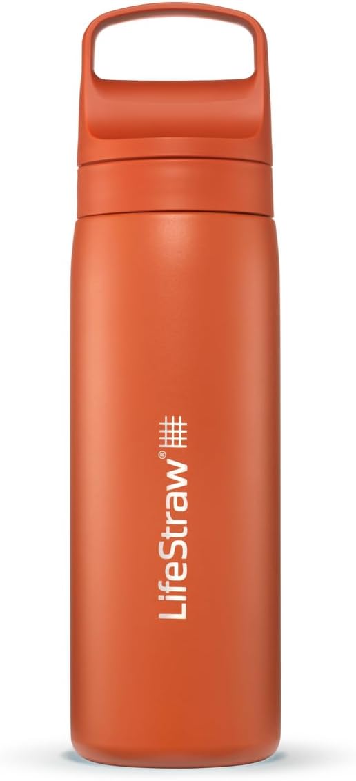 LifeStraw Go Series – Insulated Stainless Steel Water Filter Bottle for Travel and Everyday Use, Removes Bacteria, Parasites and Microplastics, Improves Taste, 18oz Kyoto Orange