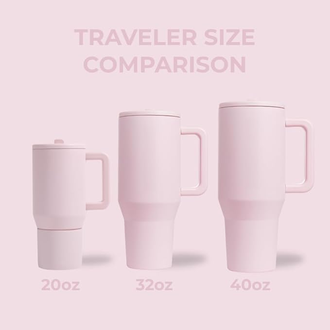 HydroJug Traveler - 32 oz Water Bottle with Handle & Flip Straw - Fits in Cup Holder, Leak Resistant Tumbler-Reusable Insulated Stainless Steel & Rubber Base - Gifts for Women & Men, Pink Sand