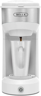 BELLA Dual Brew Single Serve Coffee Maker, Brews both Kcup and Ground Coffee, Large 14oz Capacity, Easy One Touch, Auto Shutoff, White