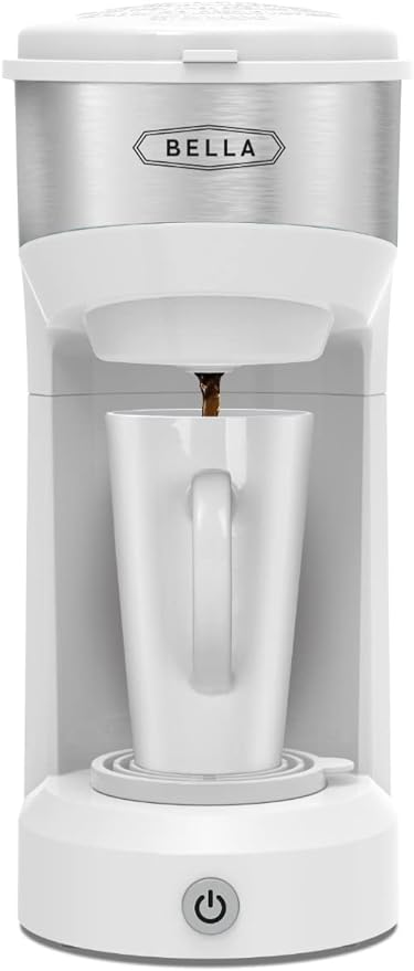 BELLA Dual Brew Single Serve Coffee Maker, Brews both Kcup and Ground Coffee, Large 14oz Capacity, Easy One Touch, Auto Shutoff, White