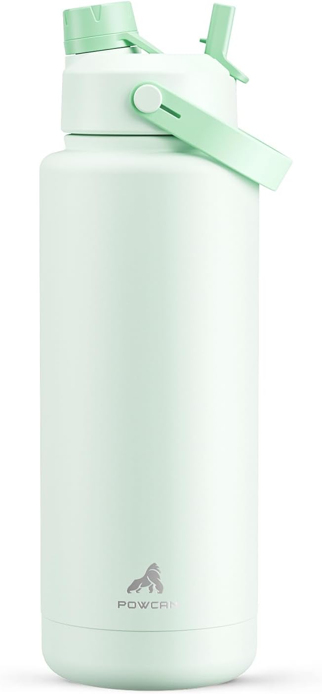 POWCAN 40 oz Insulated Water Bottle with 2-in-1 Straw and Spout Lid, Keep Cold 24H, Leak-Proof, BPA-Free, Double Wall Stainless Steel Water Bottle for Sports, Gym, Travel, and School (Mint)