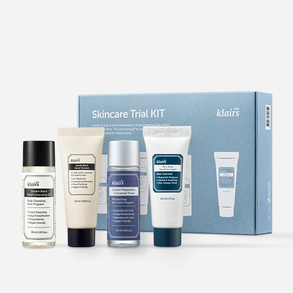 DearKlairs Skincare Travel Trial Kit – Korean Mini Set with Cleansing Oil, Foaming Cleanser, Toner & Soothing Cream, Bestseller Gift Set for All Skin Types, Vegan, Cruelty-Free
