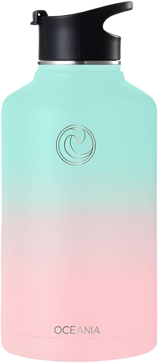 Oceania Flask 64oz Stainless Steel Water Bottle | Modern, Leakproof, Hydro BPA-Free, Insulated Water Bottle with 3 Lids, 3 Straws & 2 Straw Cleaning Brushes | Simple Camping & Hiking Water Bottles