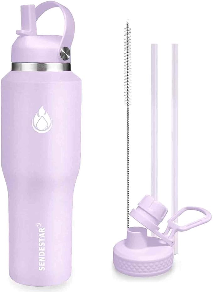 SENDESTAR 40oz Water Bottle Wide Mouth Stainless Steel Vacuum Insulated Double Wall with 2 Straw Lids Fit in Any Car Cup Holder