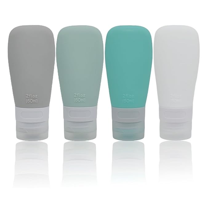 Silicone Travel Bottles, Leak Proof Squeezable Refillable Travel Accessories Toiletries Containers Travel Size Cosmetic Tube for Shampoo Lotion Soap Liquids (2oz Grey/blue/white/green)
