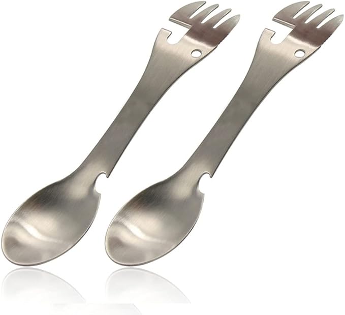 5 in 1 Stainless Steel Outdoor Cutlery - Spoon Fork Knife Bottle Can Opener for Camping Hiking Travel Multi-Purpose Cutlery (2 Pack)