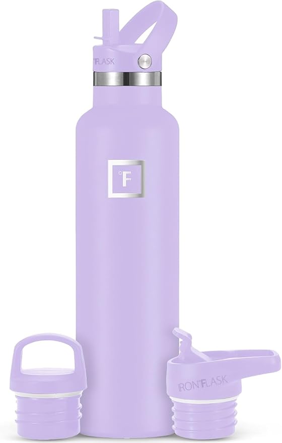 IRON °FLASK Camping & Hiking Hydration Canteens - 3 Lids (Narrow Straw Lid) Leak Proof Vacuum Insulated Stainless Steel - Hot & Cold Double Walled Sports Water Bottle - Lavender, 24 Oz
