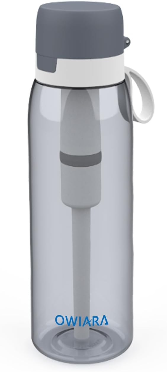Water Bottle with Filter for Drinking, 26 Ounces 3-Stage Water Filter Bottle for Outdoor Travel Camping Moutaining Backpacking Hiking (Light Grey)