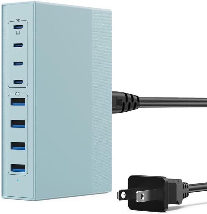 200W USB C Charger Block, 8-in-1 GaN III USB C Fast Charging Station Hub, PD 65W Laptop Charger Adapter Travel Charger, for MacBook Pro/Air/Dell XPS/iPhone 16/15/14/iPad/Galaxy S24-Light Blue