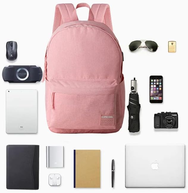 SUPACOOL Casual Laptop Backpack for Men and Women, Backpack for College, USB Charging Port, Lightweight Pack Back(Pink)