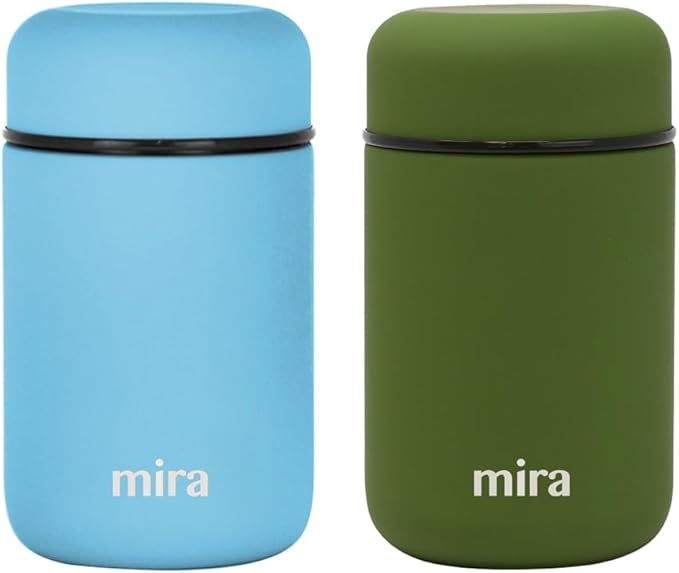 MIRA 2 Pack Insulated Food Jar Thermo for Hot Food & Soup, Compact Stainless Steel Vacuum Lunch Container, 13.5 oz, Pearl Blue, Olive Green