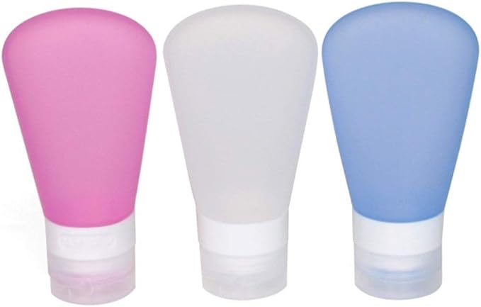 3 Pack Portable Food Grade Squeeze Silicone Liquid Travel Bottles for Shampoo, Conditioner, Lotion, Toiletries, Condiments (1 OZ Pink + White + Blue)
