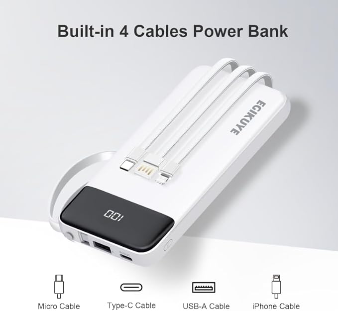 Power Bank 10000mAh Portable Charger with 4 Built-in Cables, Type-C in & Out Phone Charger, External Battery Charger Pack & Travel Essential for iPhone 16/15/14, Samsung, iPad, Android