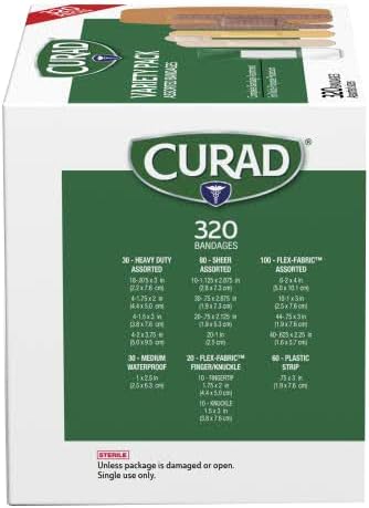 Curad Bulk Variety Pack Assorted Bandages, Flex-Fabric, Waterproof, Plastic, Knuckle, Heavy Duty Bandages (320Count) (Pack of 2)