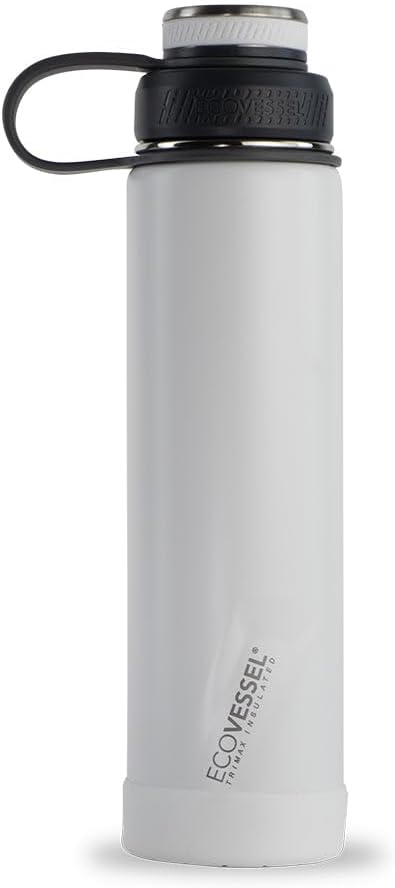 EcoVessel Stainless Steel Water Bottle with Insulated Dual Lid, Insulated Water Bottle with Strainer and Silicone Bottle Bumper, Coffee Mug – 24oz (White Out)