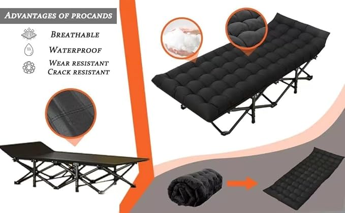 Oversized XXL Camping Cot, Folding Cot Camping Cots for Adults Portable Folding Outdoor Bed with Mat and Carry Bag, Heavy Duty Sleeping Cots for Outdoor Travel Camp Beach Vacation (Black)