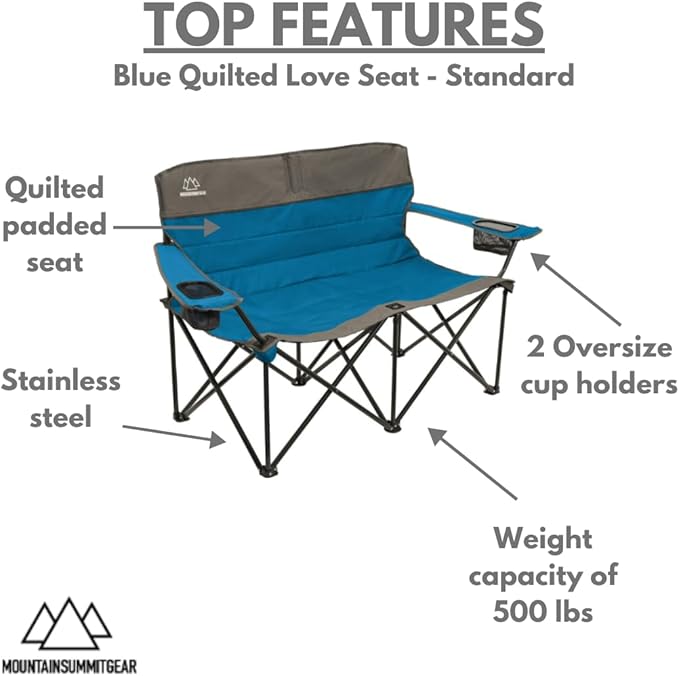 Quilted Standard Loveseat Camping Chair for 2 with Padded Seat and Back for Camping/Hiking/Backpacking Made by Caddis Sports (Standard Loveseat (Blue))
