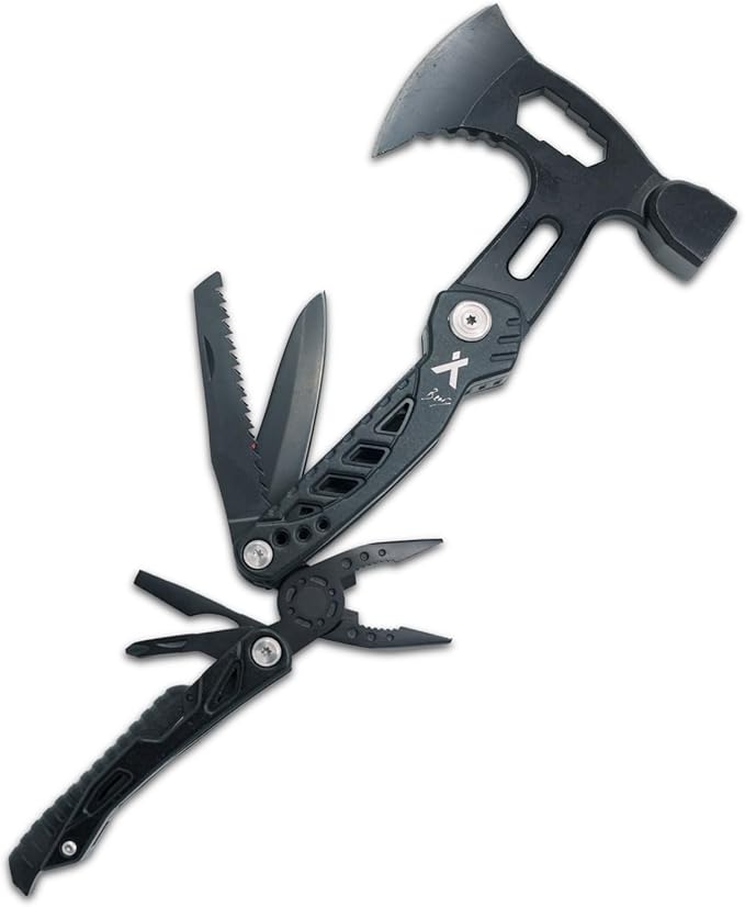 Axe Multitool Hammer - With Knife, Bottle Opener, Hatchet, Nylon Sheath, Saw, Screwdriver, Whistle - Tactical For Camping, Survival, Hiking, Portable and Lightweight - Black