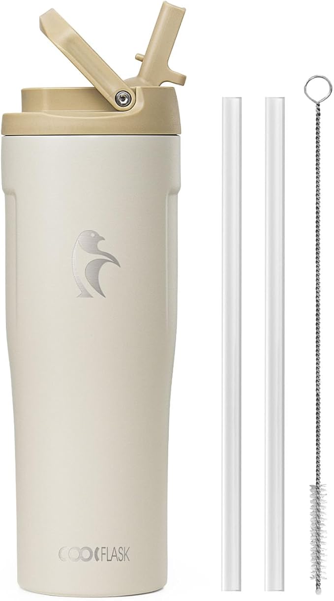 Coolflask Water Bottle 32 oz Fits Car Cup Holder, Slim Tumbler Stainless Steel with Straw & Handle, Vacuum Flask Leakproof Wide Mouth for Travel Sports Gym, Cream White