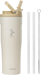 Coolflask Water Bottle 32 oz Fits Car Cup Holder, Slim Tumbler Stainless Steel with Straw & Handle, Vacuum Flask Leakproof Wide Mouth for Travel Sports Gym, Cream White